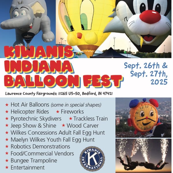 Advertisement for the Kiwanis Indiana Balloon Fest, featuring cartoon character hot air balloons and event details.