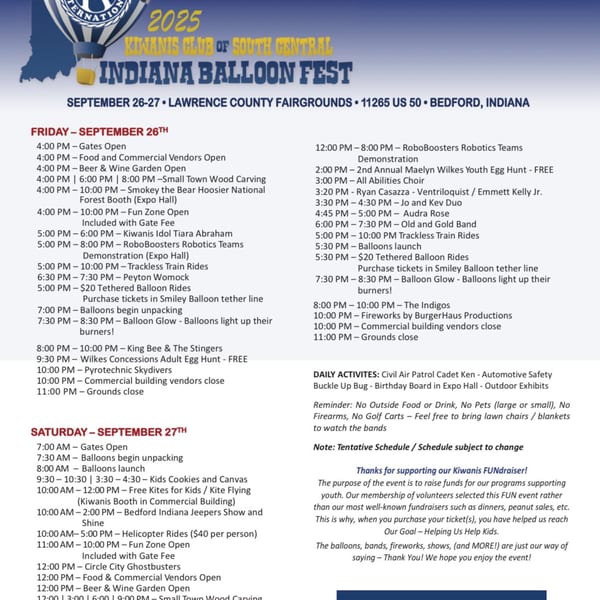 A flyer for the 2025 Kiwanis Club of South Central Indiana Balloon Fest, detailing event schedules.