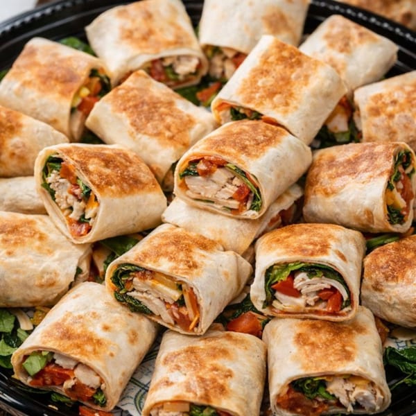 Close-up of Roly Poly's toasted wraps, filled with chicken, spinach, and tomatoes, on a platter.