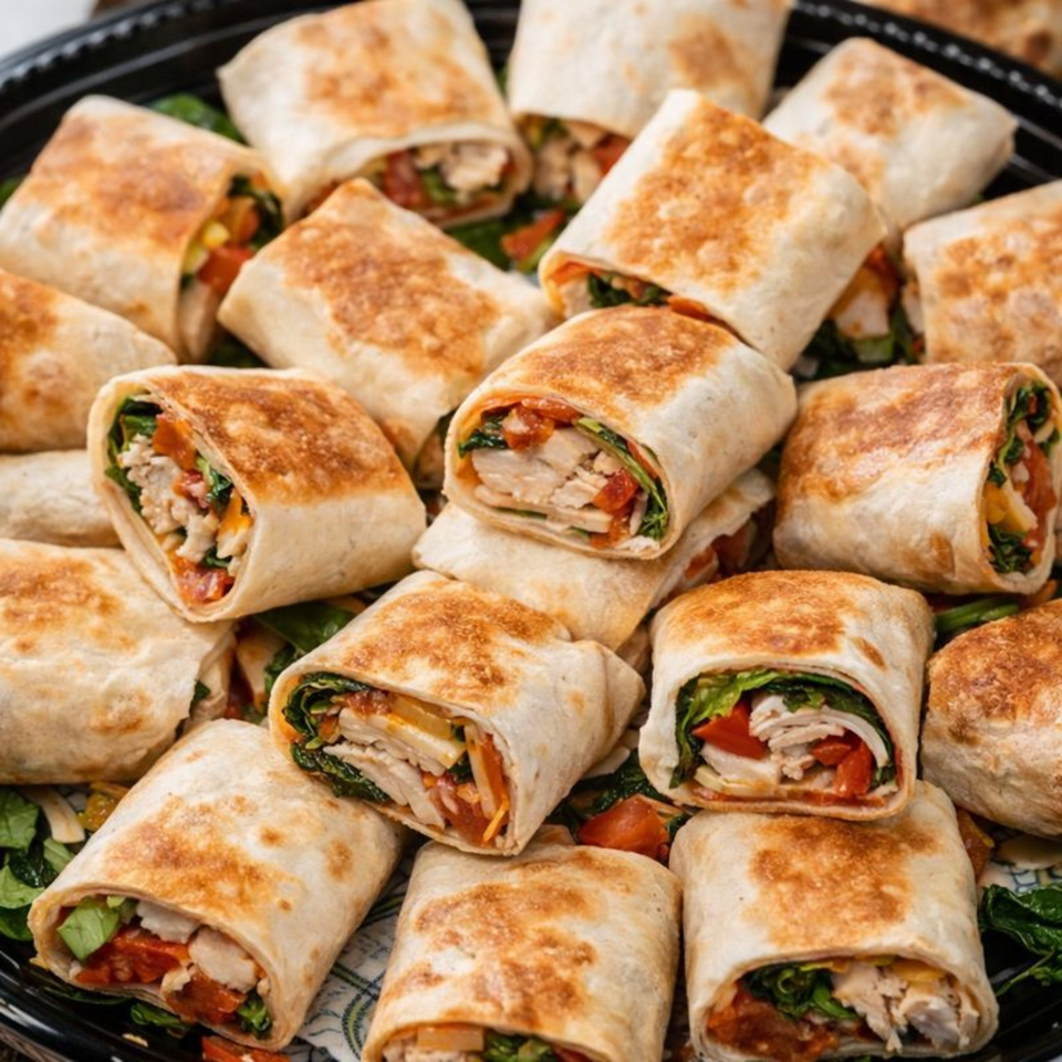 Close-up of Roly Poly's toasted wraps, filled with chicken, spinach, and tomatoes, on a platter.