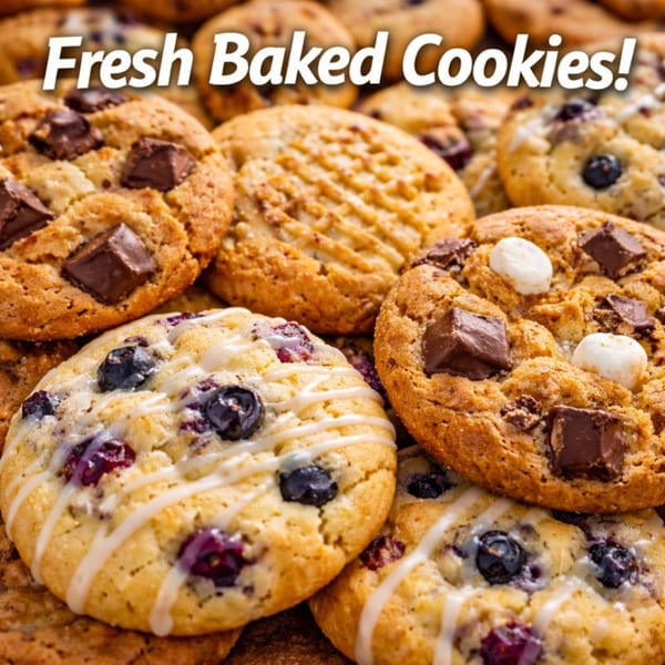 Assortment of Roly Poly cookies, including chocolate chunk, peanut butter, and blueberry with icing.