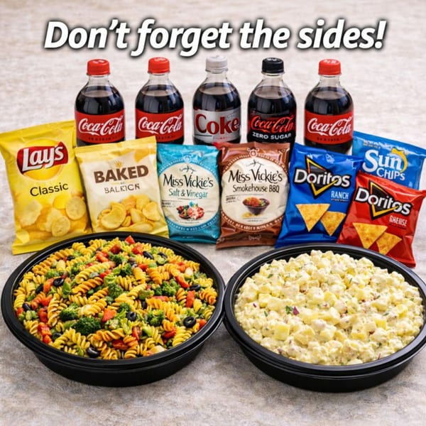 Roly Poly's catering sides: pasta salad, potato salad, various chips, and Coca-Cola drinks.