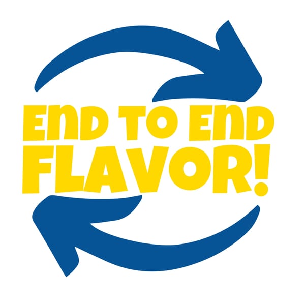 Roly Poly logo with yellow text "END TO END FLAVOR!" encircled by two blue arrows.