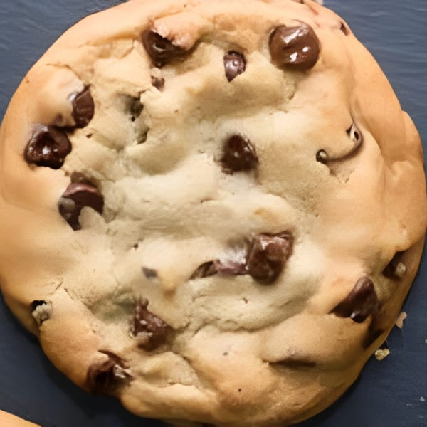 A close-up of a freshly baked chocolate chip cookie with melted chocolate chunks.