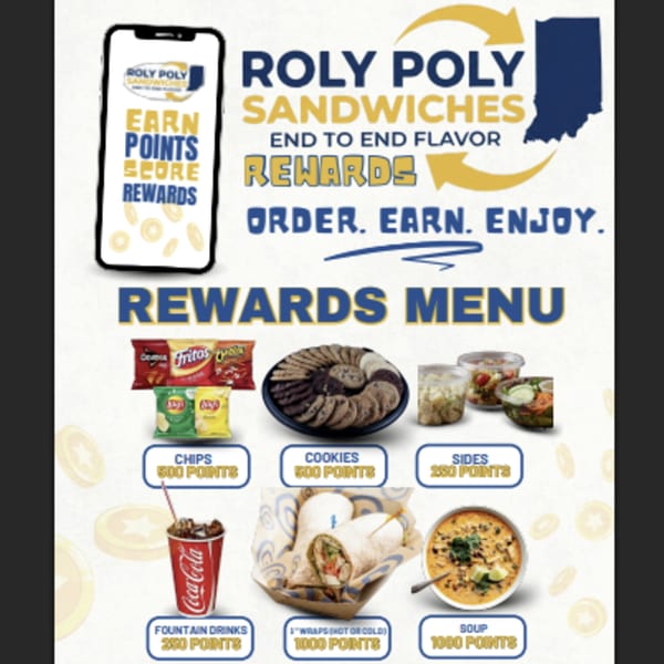 Roly Poly Sandwiches rewards menu showing chips, cookies, sides, drinks, wraps, and soup with point values.