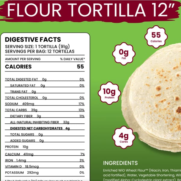 Flour tortilla packaging with nutritional facts and a stack of tortillas.