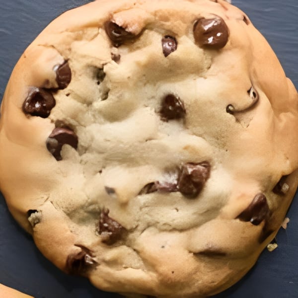 A close-up of a large, freshly baked chocolate chip cookie on a dark surface.
